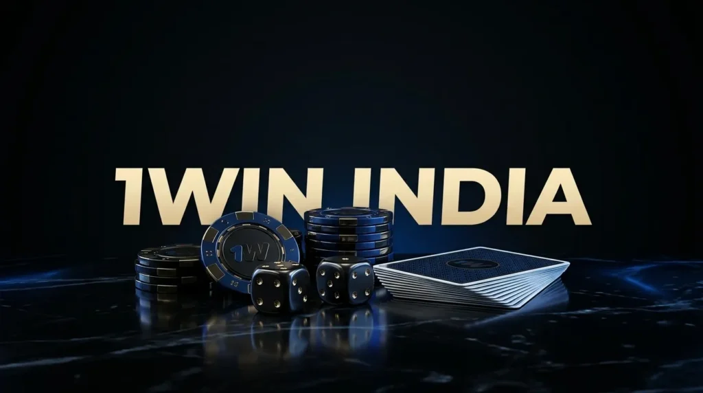 Blue and black casino chips, dice and playing cards with large golden text '1WIN INDIA' on dark reflective background