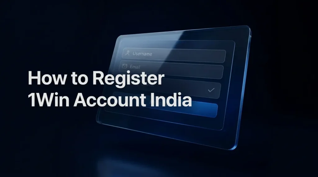 Digital tablet showing 1Win registration form with text 'How to Register 1Win Account India